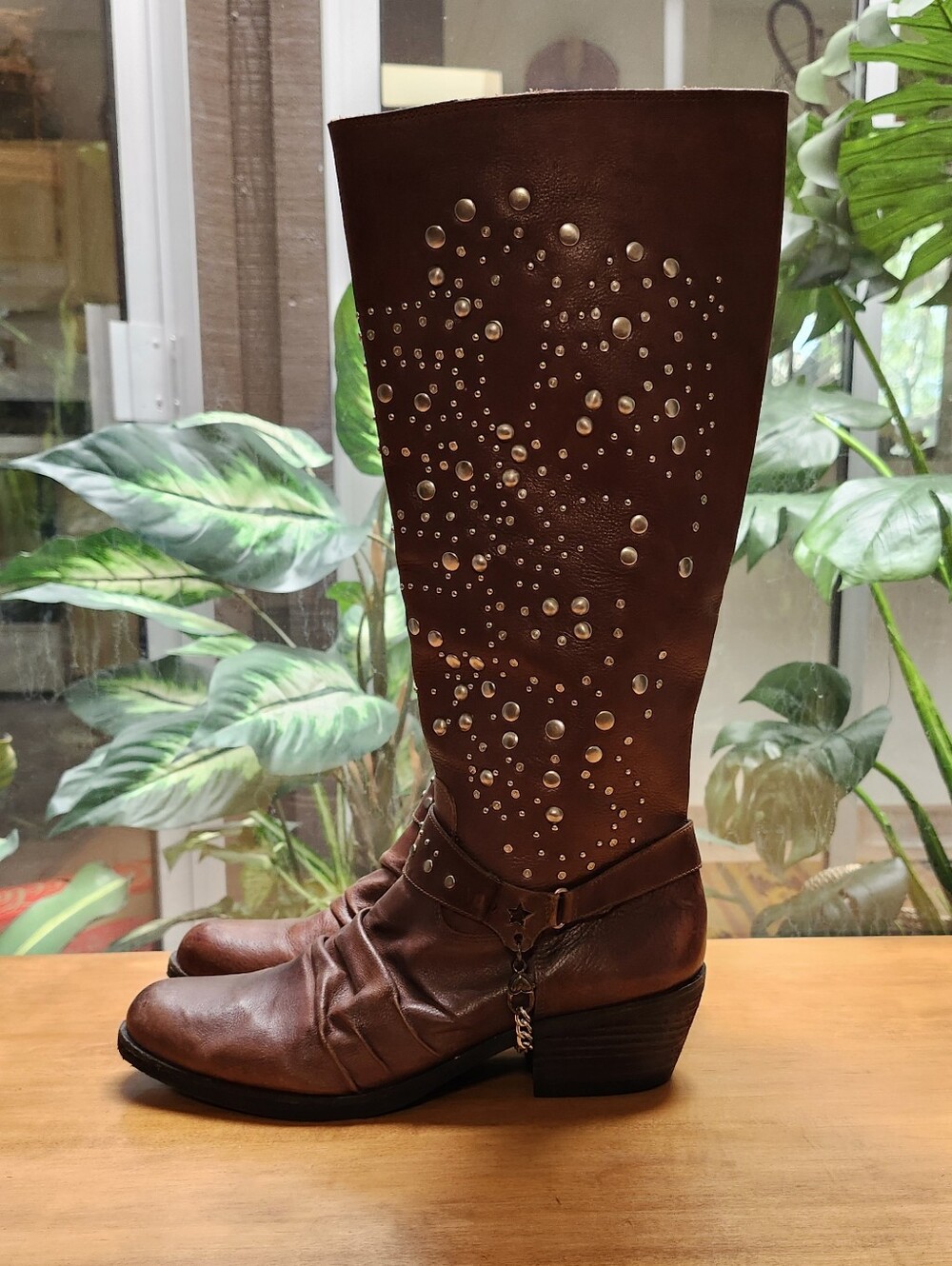Reba By Justin Brown Leather Studded Knee Boots Sz 9